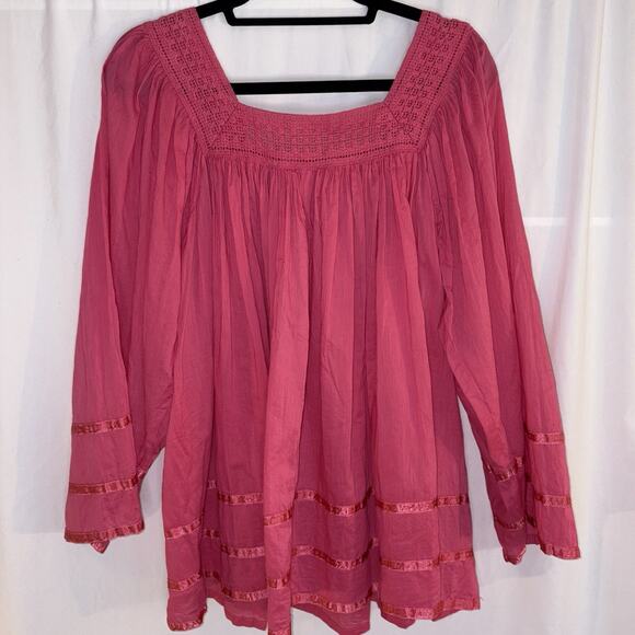 Vermont Country Store Boho Peasant Top Crinkle Cotton Deep Pink Cotton MEDIUM - Picture 2 of 9